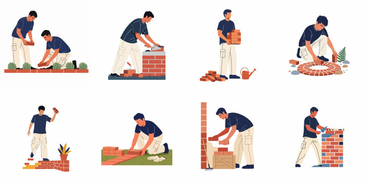 Vector illustrations set of professional bricklayers and masons building walls, paths, and garden structures with red bricks, isolated on white background.