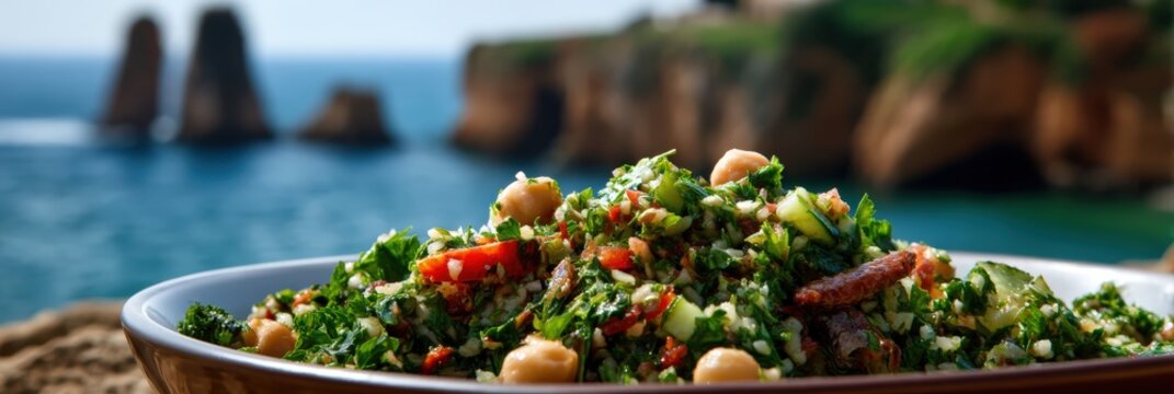 Fresh Mediterranean Tabbouleh Salad with Chickpeas by the Sea