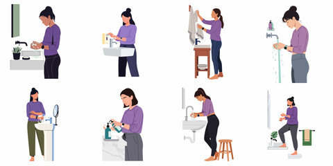 Fototapeta premium Set of flat vector illustrations depicting a woman in purple clothing engaged in various bathroom hygiene activities like handwashing and weighing herself.