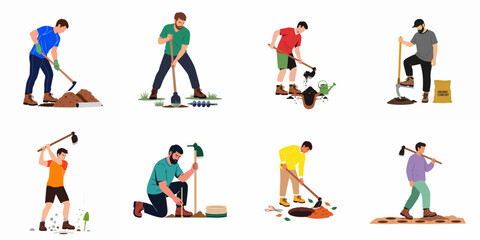 Collection of diverse men engaged in various gardening and farming activities such as digging, planting, and using agricultural tools on white background. © Rizki