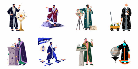 Diverse set of eight illustrations featuring astronomers and astrologers studying the cosmos, planets, and celestial bodies with various scientific and mystical tools. © Rizki