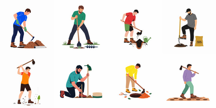 Collection of diverse men engaged in various gardening and farming activities such as digging, planting, and using agricultural tools on white background.