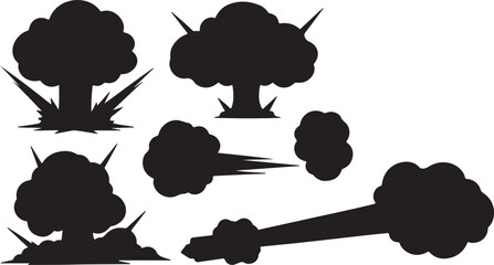 A collection of black silhouette icons depicting various styles of explosions and cloud bursts isolated on transparent background, Vector © viral_potos