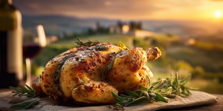 Roasted Whole Chicken with Herbs at Sunset in a Vineyard
