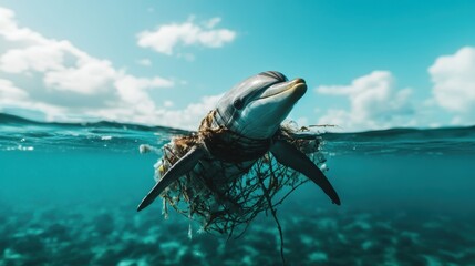 Fototapeta premium A dolphin struggles to surface, caught in a web of seaweed and plastic, highlighting the urgent issue of ocean pollution and the impact on marine life and ecosystems.