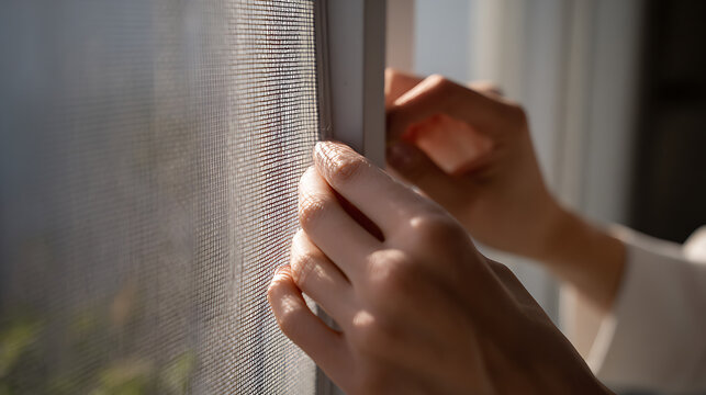 Close up of person hands fix window screen, natural light streaming indoor, domestic chore, home maintenance, pest control, security, cozy atmosphere