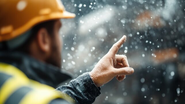 A construction worker in a yellow hard hat points amidst falling snow, showcasing resilience and adaptability in tough weather conditions on a worksite.