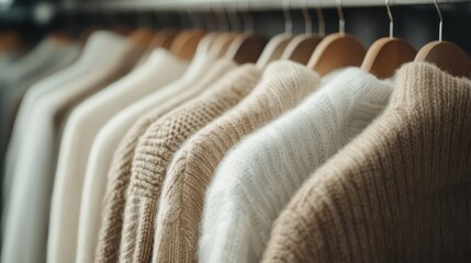 Obraz premium A collection of stylish knitted sweaters in neutral tones showcases fashionable textures and cozy designs, ideal for autumn or winter fashion and wardrobe inspiration.