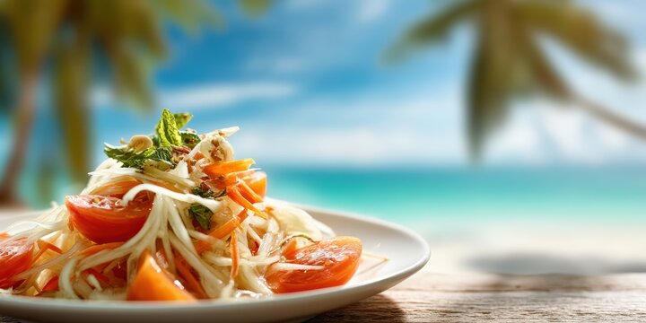 Fresh Thai Papaya Salad Som Tum on a Tropical Beach Background