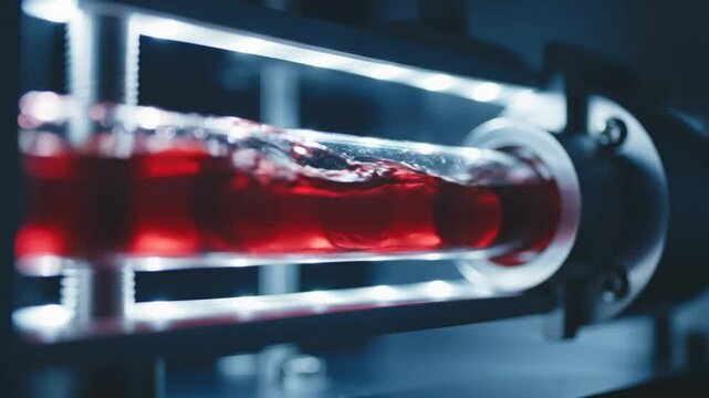 Futuristic Laboratory Setup with Red Liquid in Glass Tube Illuminated by Bright Lights, Science Experiment Concept