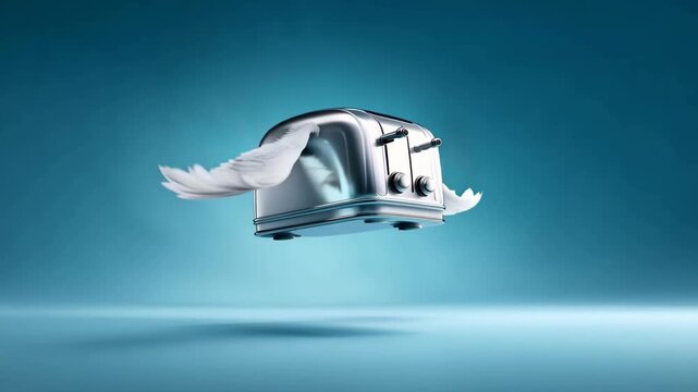 Flying toaster with surreal silver wings levitating over blue background, whimsical fantasy kitchen appliance, imaginative futuristic minimal clean modern shiny metallic floating dreamlike artistic