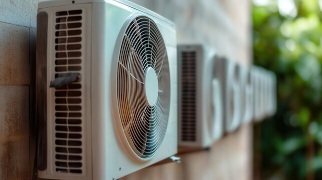 An air conditioning unit mounted on a wall, framed by lush greenery, illustrating the contrast between modern comfort and nature, emphasizing practicality in urban living.