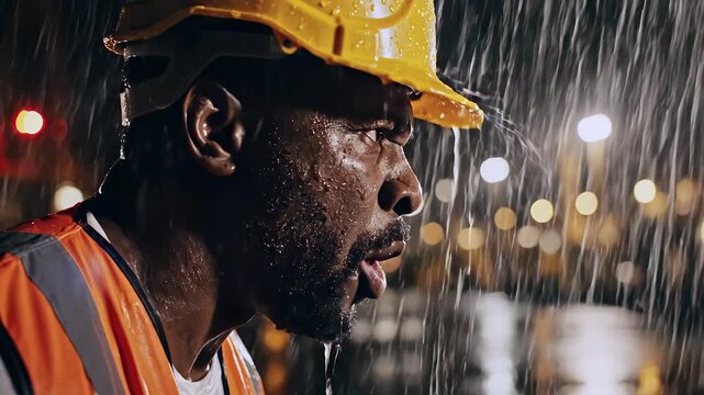 Construction worker shouting orders in heavy rain on job site, angry foreman yelling at team, intense workplace conflict under pressure, authority and control during stressful industrial situation