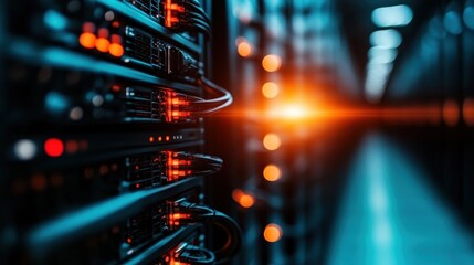 Obraz premium An intriguing view of a futuristic data center capturing illuminated server racks with a glow, illustrating technology's advancement and the intricacies of digital connectivity.