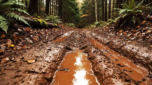 Muddy forest path with vehicle tire tracks winding through a forest during the autumn season.