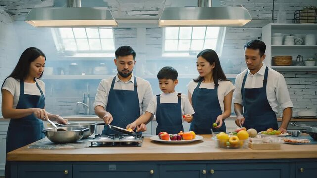 Father and son preparing healthy fruit salad together in a bright, modern kitchen, bonding and cooking with love.