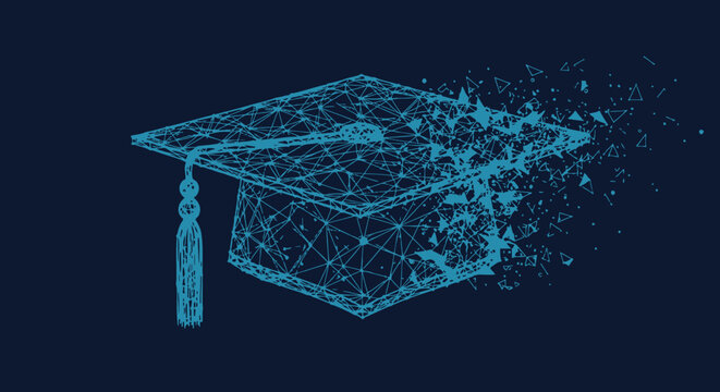 Digital Graduation Cap Wireframe with Network Plexus Particles for E-Learning and Online Education Concept