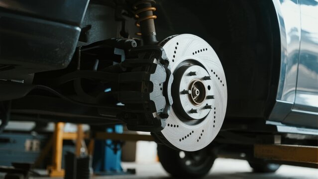 Close-up view of a vehicle's brake disc and caliper assembly under the car