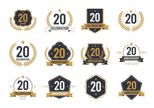 Set of 12 Premium 20th Anniversary Logo Templates with Golden Laurel Wreaths, Ribbons, and Elegant Badges for Birthday and Corporate Jubilee Celebrations