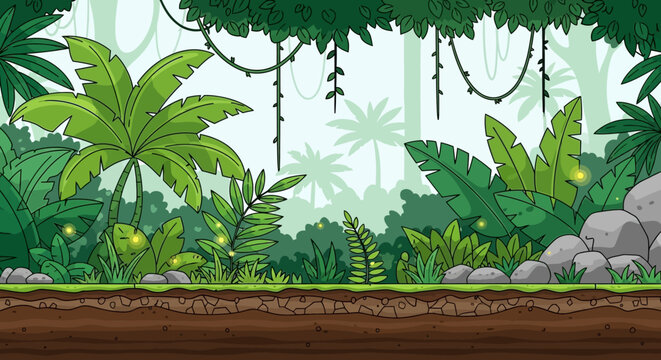 Cartoon Jungle 2D Game Background for Side-scroller, Tropical Rainforest Vector Illustration with Soil Layers and Lush Foliage