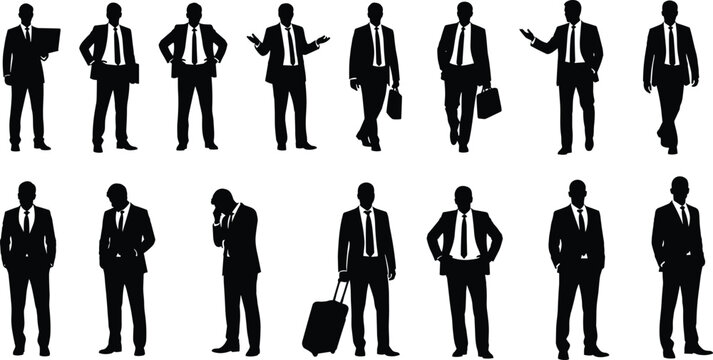 Business men silhouettes collection of corporate professionals in formal suits with briefcases standing walking poses isolated vector illustration set