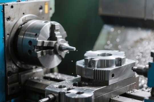 Close-up of a metalworking lathe machining a precision metal component in an industrial setting