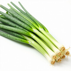 Fototapeta premium Bright green onions lie gracefully on a smooth white surface, their long, slender stalks glistening with freshness, perfect for adding flavor to dishes Generative AI