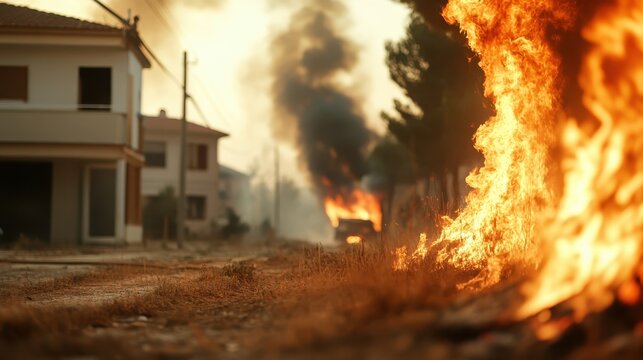 A dramatic urban scene depicting fierce flames and thick smoke rising from a fire, illustrating the intensity and chaos of unpredictable situations in city environments.