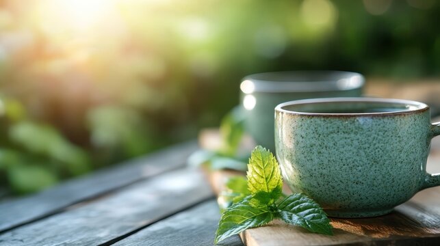 A close-up view of two cups of green tea surrounded by mint leaves, basking in the warm sunlight, symbolizing peace and relaxation amidst nature's beauty.