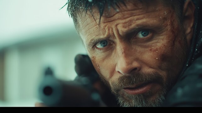 A weathered man with striking blue eyes aims a rifle in a snowy landscape, embodying a tense moment filled with danger and determination in a winter setting.