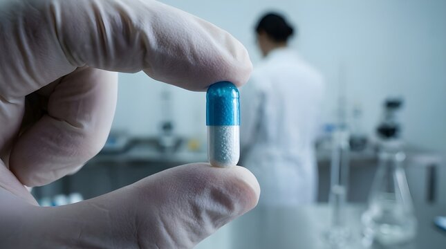 Gloved hand holding a pharmaceutical capsule in a research laboratory, symbolizing medical development and scientific discovery