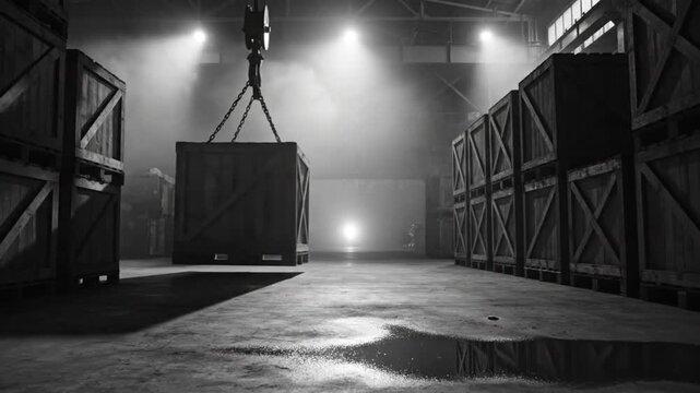 Black and white shot of a warehouse with a crane lifting a wooden crate in a mysterious atmospheric setting