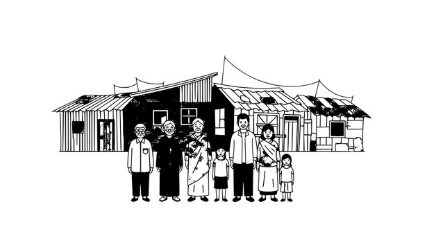 Vector illustration of poor people in a slum with rundown houses for social and educational designs