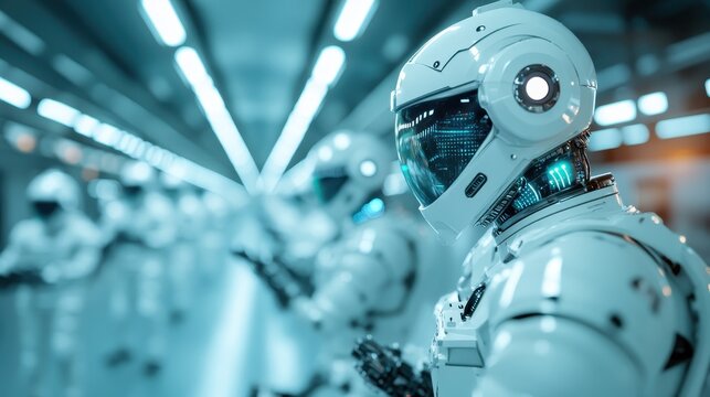 A striking visual of a futuristic robot standing in a high-tech environment, symbolizing advanced technology and innovation with metallic textures and vivid lighting effects.