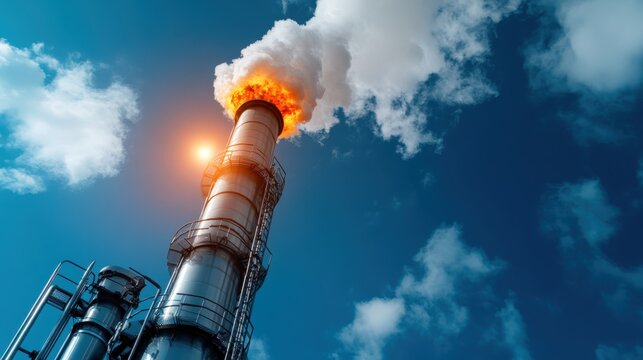 This striking image captures an industrial smokestack releasing flames and smoke into the blue sky, depicting the contrast between production and environmental impact.