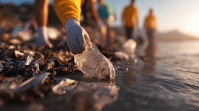 A dedicated volunteer is seen cleaning plastic waste from a beach, illustrating the ongoing efforts to combat pollution and protect marine environments through community involvement.