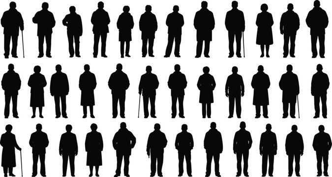 Elderly people silhouettes collection of senior men and women standing with walking sticks aged characters isolated vector illustration set