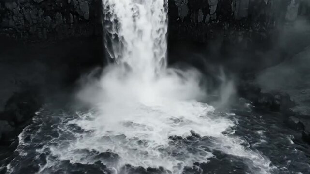 Powerful cascade of water falling dramatically into a misty pool, captured in striking black and white