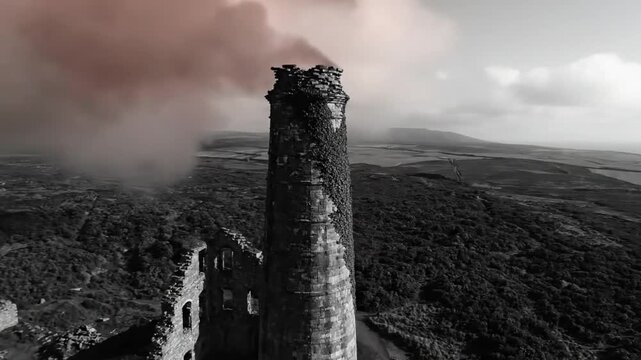 Dramatic black and white aerial view of a tall, ruined industrial chimney belching smoke against a moody landscape.