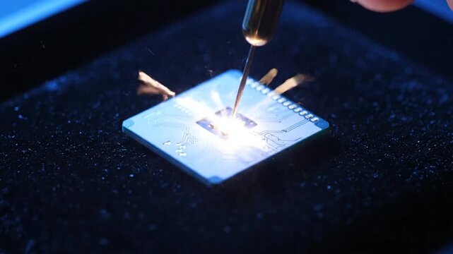 A microscopic soldering process on a circuit board under blue lighting, showing sparks and precision tool movement across eight seconds of continuous action.