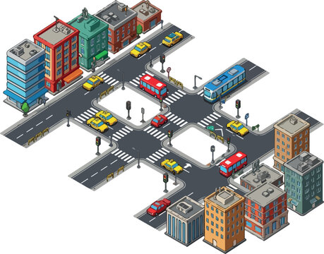 Isometric city street intersection with buildings, cars, buses, and tram