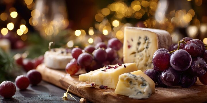 Festive Gourmet Cheese Board with Red Grapes and Holiday Lights