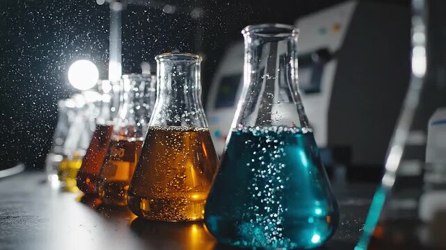 A video showcasing a row of colorful liquids in laboratory beakers