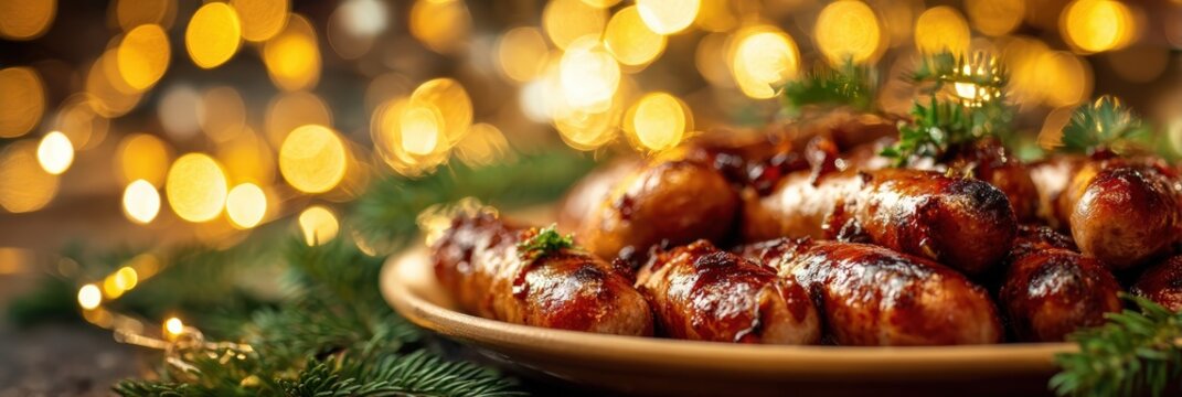 Delicious Grilled Christmas Sausages with Festive Bokeh Background
