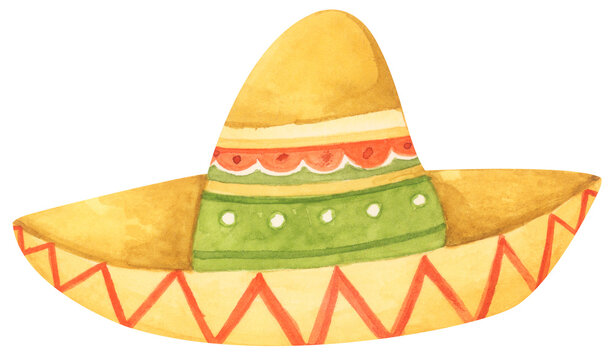 Watercolor painting of Sombrero with Festive Pattern. Mexican Hat.