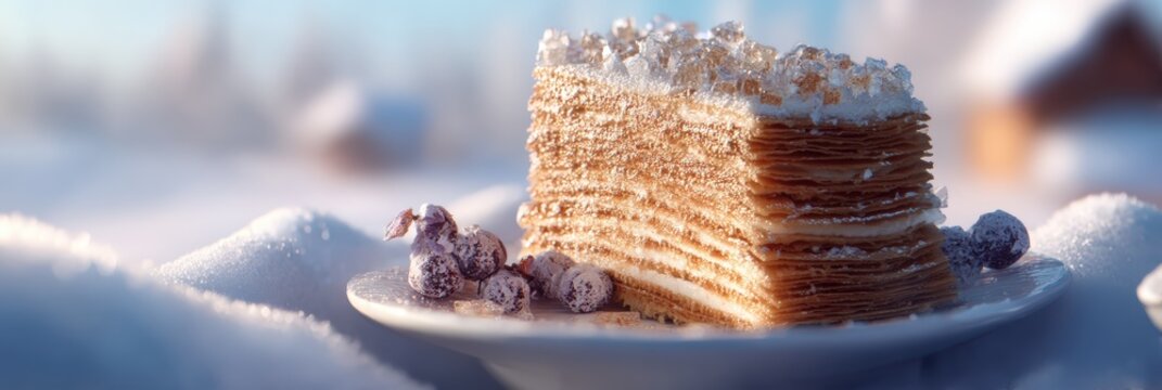Layered Honey Cake with Icy Topping in Snowy Winter Landscape