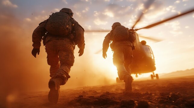 Two soldiers run towards a helicopter against a stunning sunset backdrop, emphasizing themes of bravery, teamwork, and the urgency of the military mission at hand.