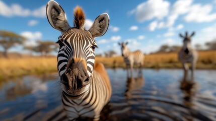 Fototapeta premium A striking close-up of a zebra with vivid stripes near a tranquil waterhole, capturing the beauty of wildlife in a breathtaking natural habitat under a bright sky.