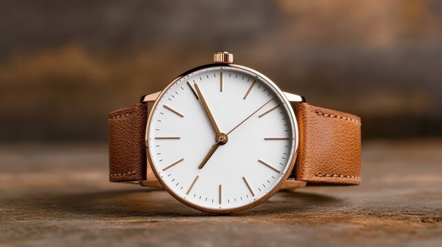 A beautifully designed wristwatch featuring a minimalist watch face with a rich brown leather strap, showcasing timeless elegance and sophisticated style for everyday use.