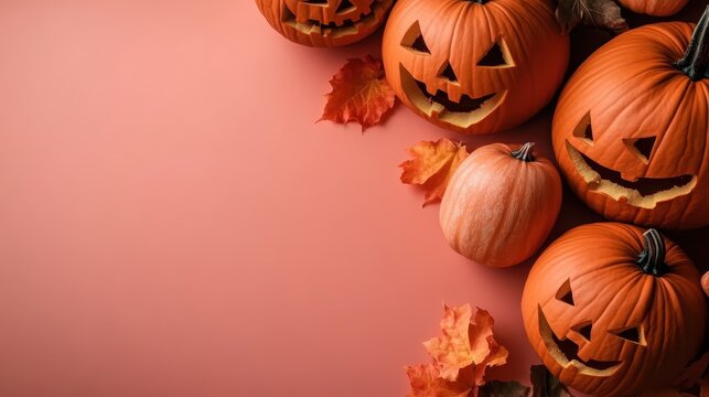 This vibrant composition features an array of mischievously carved pumpkins, complemented by autumn leaves, embodying the festive spirit and whimsical charm of Halloween.